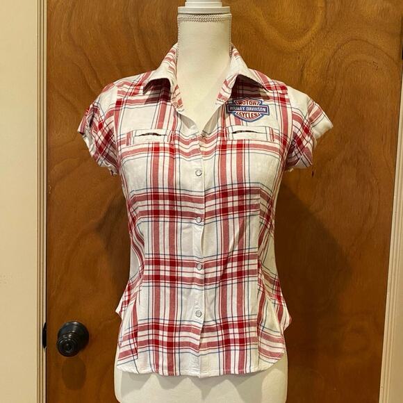Harley-Davidson Short Sleeve Button Down, Summer  Shirt, Wmn’s Small, white/red - Picture 2 of 4